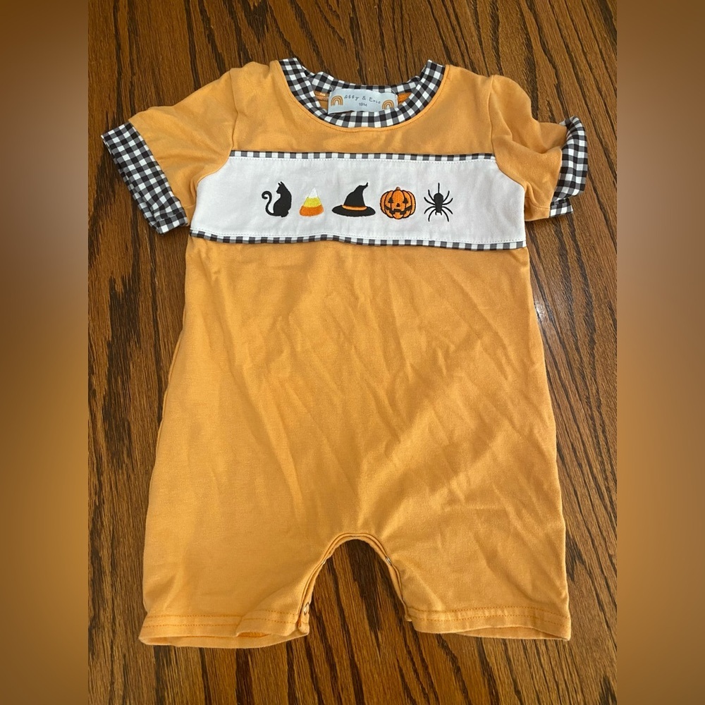 Abby & Evie Halloween Baby Infant Orange Romper 18m Witch Pumpkin Cat